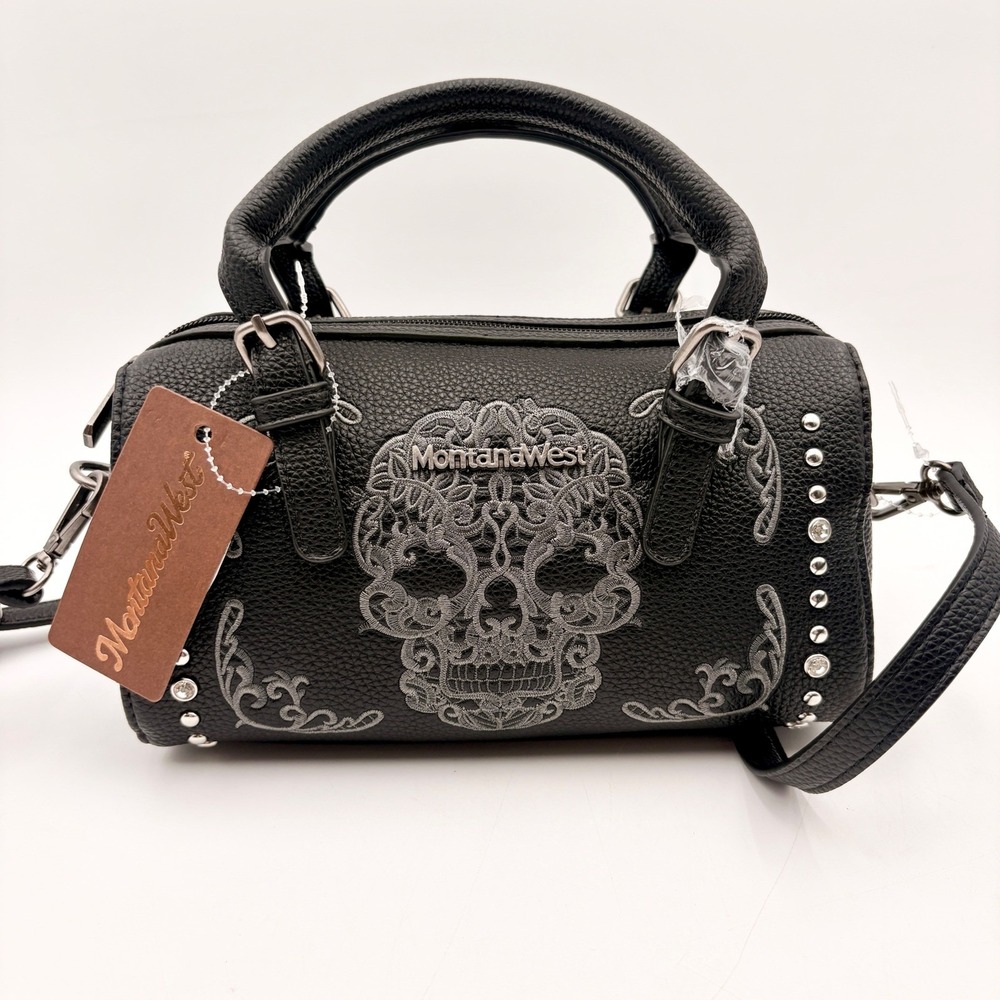 Montana West Black Vegan Leather Sugar Skull Embroidered Studded Crossbody Bag